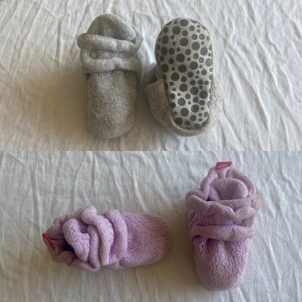 TWO PAIRS of Zutano slippers with baby-proof snaps